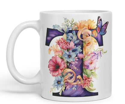 Letter T mug, Floral flowers butterfly Alphabet Letter T Monogram watercolour Ceramic Coloured Mug Cup for Tea Coffee Hot brew 330ml 11Oz Gift