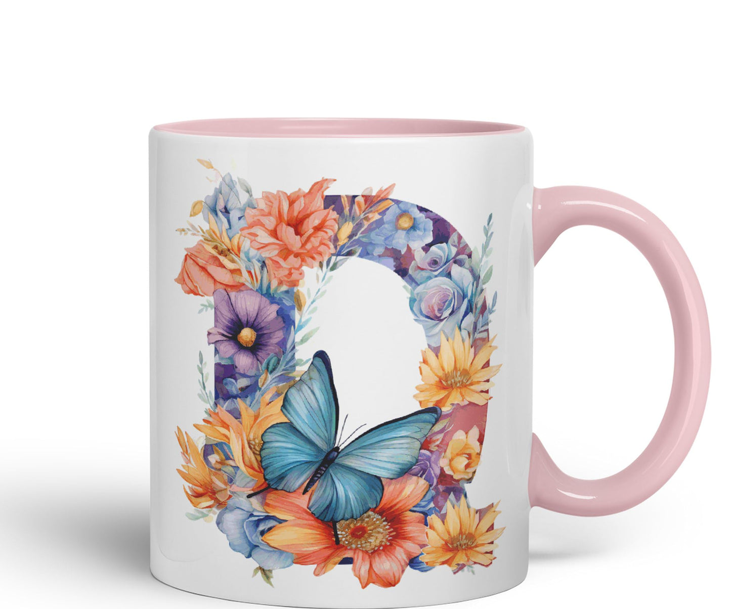 Letter Q mug, Floral flowers butterfly Alphabet Letter Q Monogram watercolour Ceramic Coloured Mug Cup for Tea Coffee Hot brew 330ml 11Oz Gift