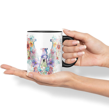 Letter W mug, Floral flowers butterfly Alphabet Letter W Monogram watercolour Ceramic Coloured Mug Cup for Tea Coffee Hot brew 330ml 11Oz