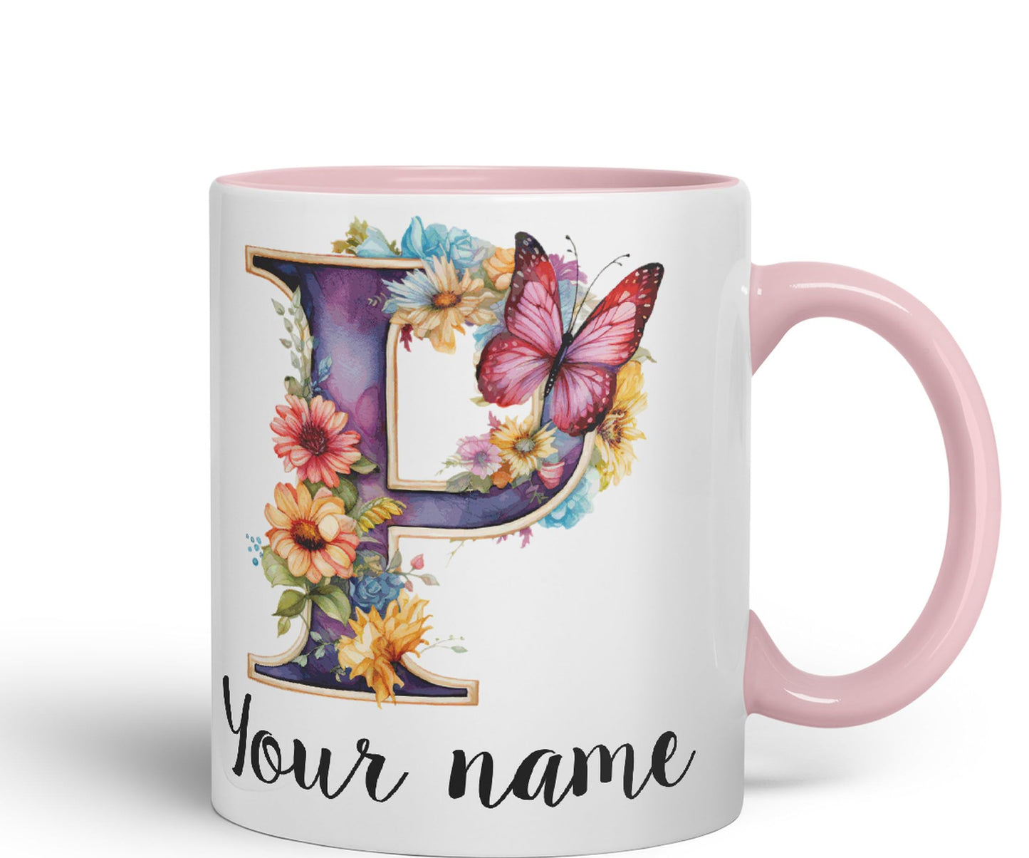 Personalised Letter P mug, Customized Custom Floral flowers butterfly Alphabet Letter P Monogram watercolour Ceramic Coloured Mug Cup for Tea Coffee Hot brew 330ml 11Oz Gift