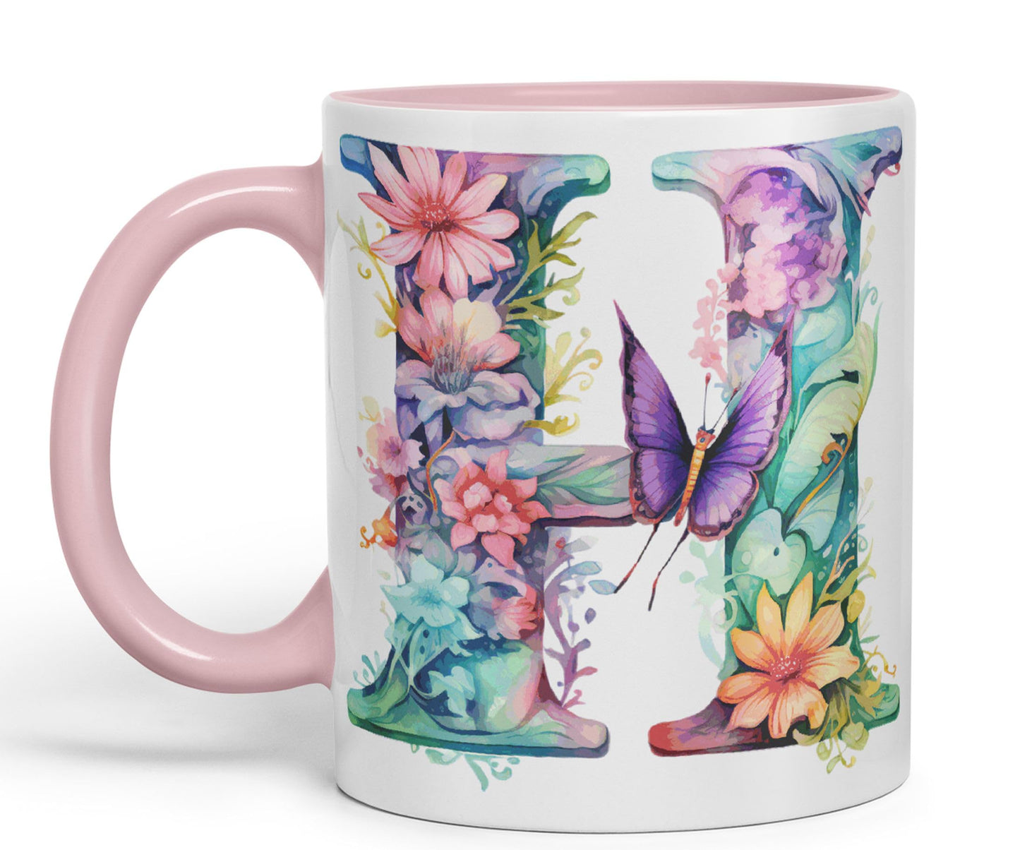 Letter H mug, Floral flowers butterfly Alphabet Letter H Monogram watercolour Ceramic Coloured Mug Cup for Tea Coffee Hot brew 330ml 11Oz Gift