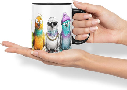 Pigeons Bird Mug – Cute Pigeons Coloured Ceramic Mug Cup Gift, 11oz (Black)