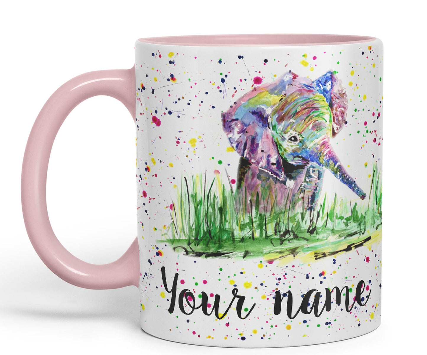 Personalised mug with Your Text name Elephant Baby animals Watercolour Art Coloured Ceramic Mug Cup Gift 330ml 11oz Custom Work Office Tea Coffee