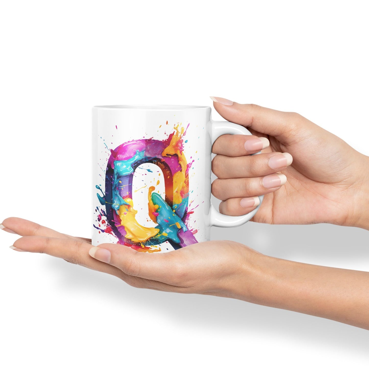 Letter Q mug, Alphabet Letter Q Monogram watercolour Ceramic Coloured Mug Cup for Tea Coffee Hot brew 330ml 11Oz Gift