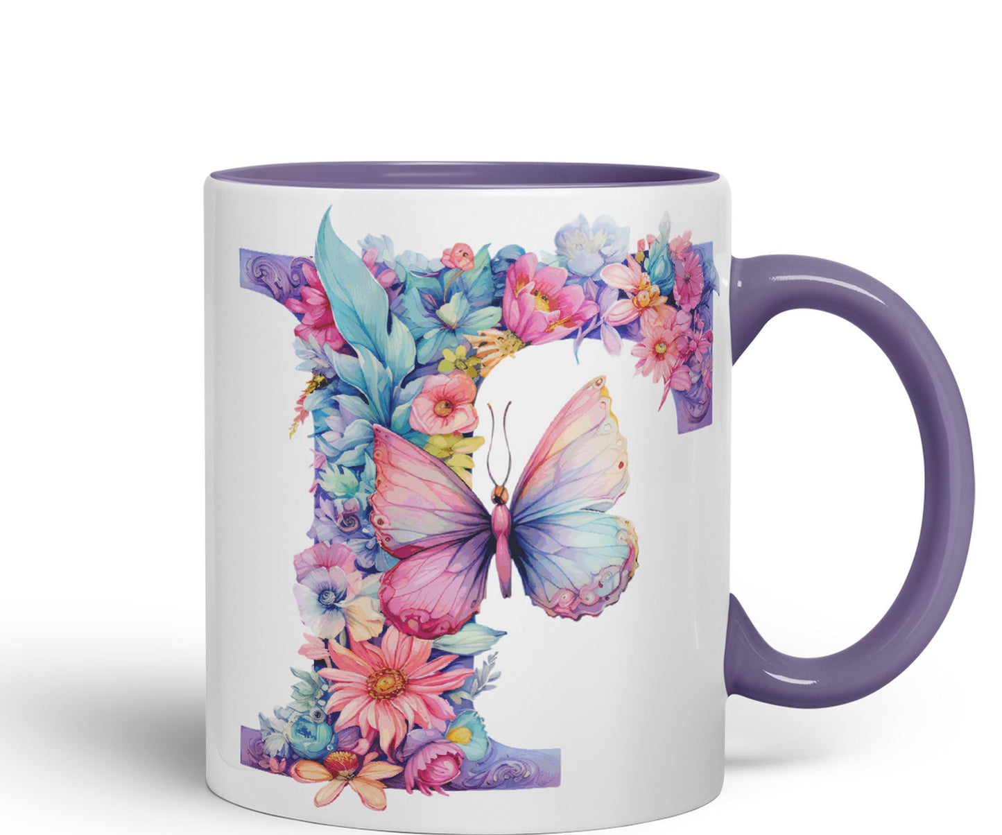 Letter F mug, Floral flowers butterfly Alphabet Letter F Monogram watercolour Ceramic Coloured Mug Cup for Tea Coffee Hot brew 330ml 11Oz Gift