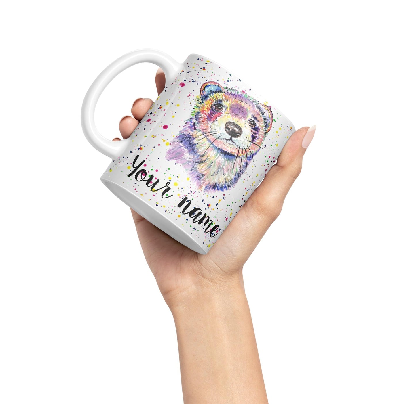 Personalised mug with Your Text name Ferret Pet animals Watercolour Art Coloured Ceramic Mug Cup Gift 330ml 11oz Custom Work Office Tea Coffee