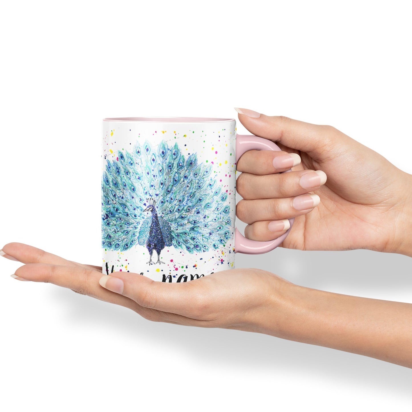 Vixar Personalised with Your Text Peacock Peafowl Bird Watercolour Art Coloured Ceramic Mug Cup Gift 330ml 11oz Custom Work Office Tea Coffee (O2)