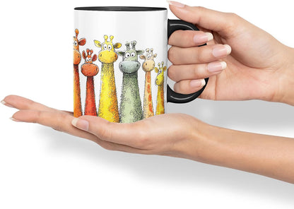 Vixar Funny Colourful Giraffe Friends Design – Cute Giraffe Character Mug for Wildlife & Animal Lovers, Coloured Mug Cup Gift, 11oz (Black)