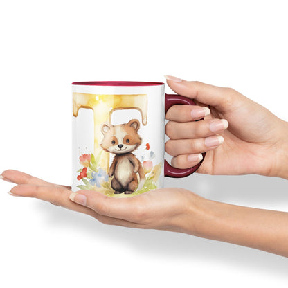 Letter T mug, Animals Alphabet Letter T Monogram animal for kids Ceramic Coloured Mug Cup for Tea Coffee Hot brew 330ml 11Oz Gift