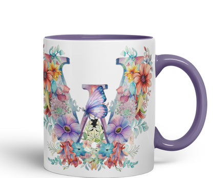 Letter W mug, Floral flowers butterfly Alphabet Letter W Monogram watercolour Ceramic Coloured Mug Cup for Tea Coffee Hot brew 330ml 11Oz