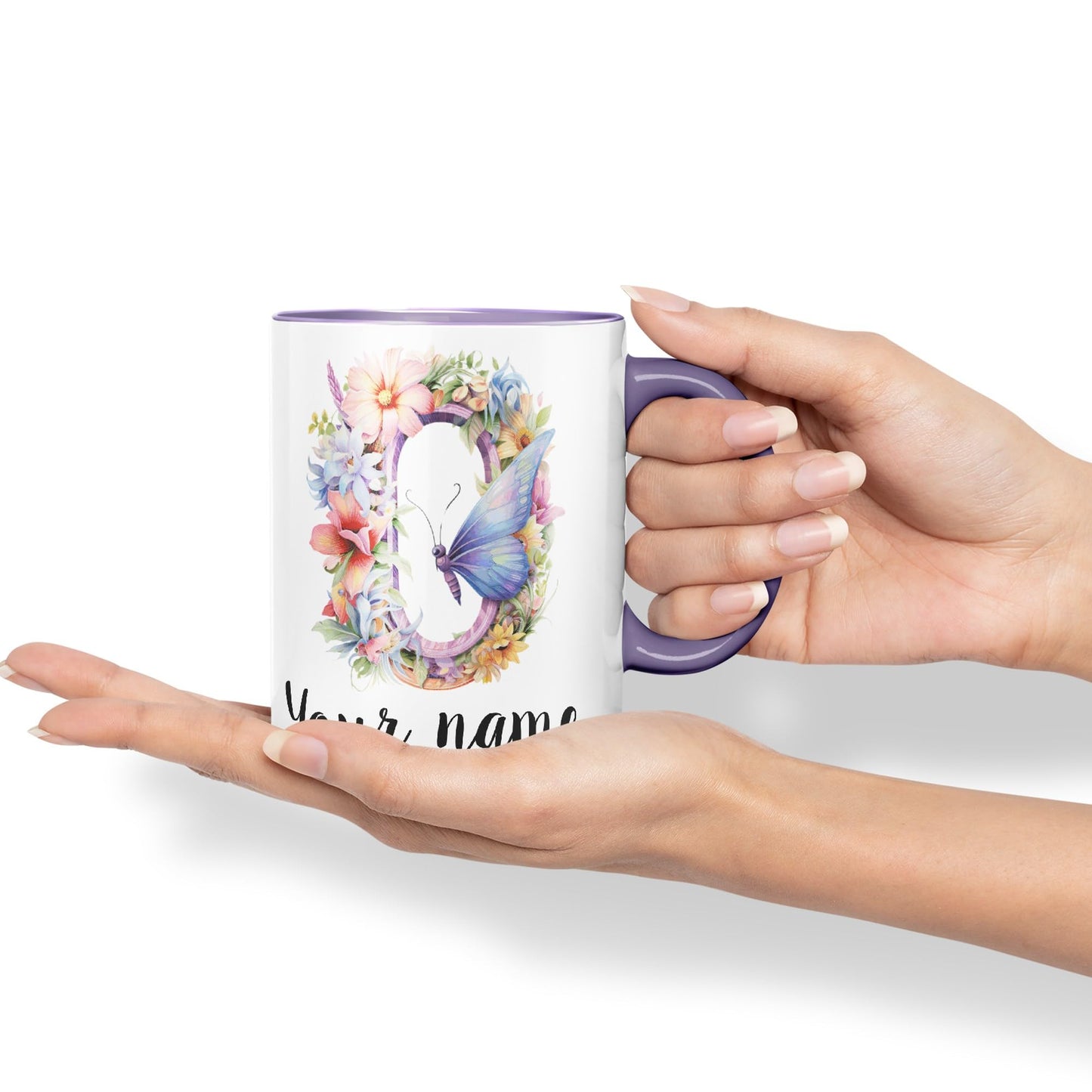 Personalised Letter O mug, Customized Custom Floral flowers butterfly Alphabet Letter O Monogram watercolour Ceramic Coloured Mug Cup for Tea Coffee Hot brew 330ml 11Oz Gift