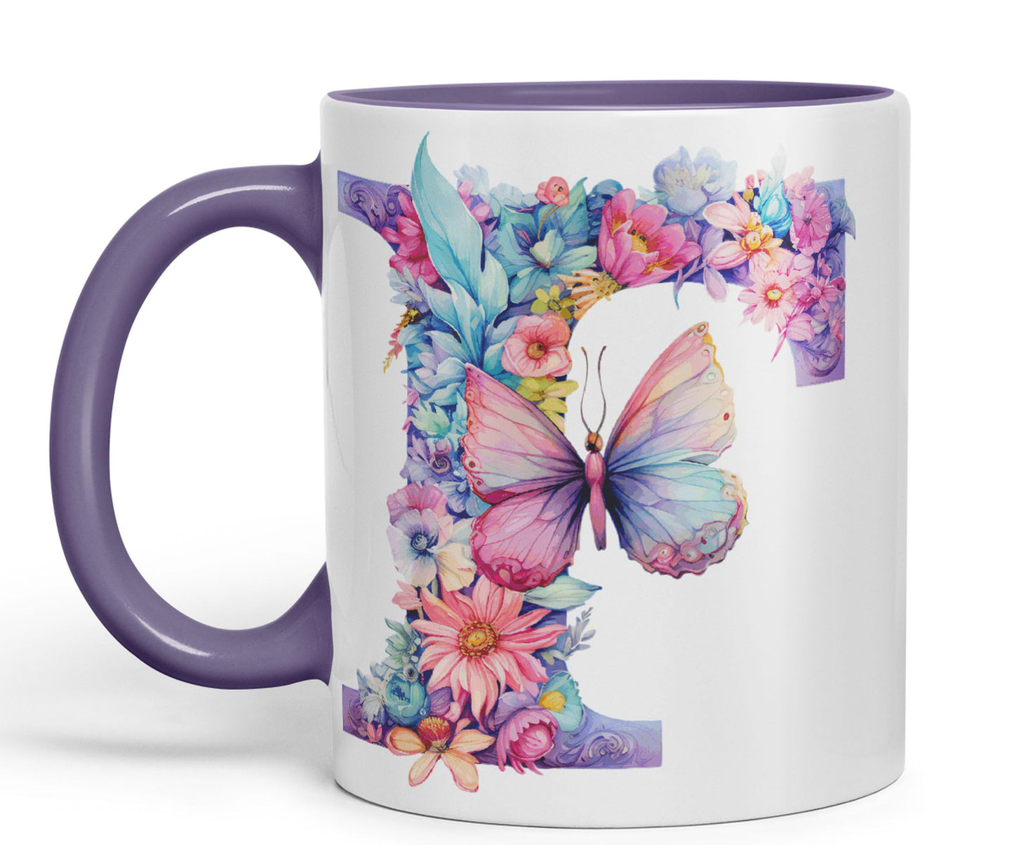 Letter F mug, Floral flowers butterfly Alphabet Letter F Monogram watercolour Ceramic Coloured Mug Cup for Tea Coffee Hot brew 330ml 11Oz Gift