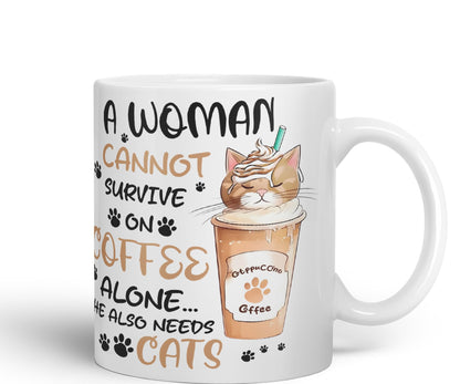 Vixar A Woman Cannot Survive on Coffee Cats Sarcastic Joke Ceramic Coloured Mug Cup for Tea Coffee Hot Brew 330ml 11Oz