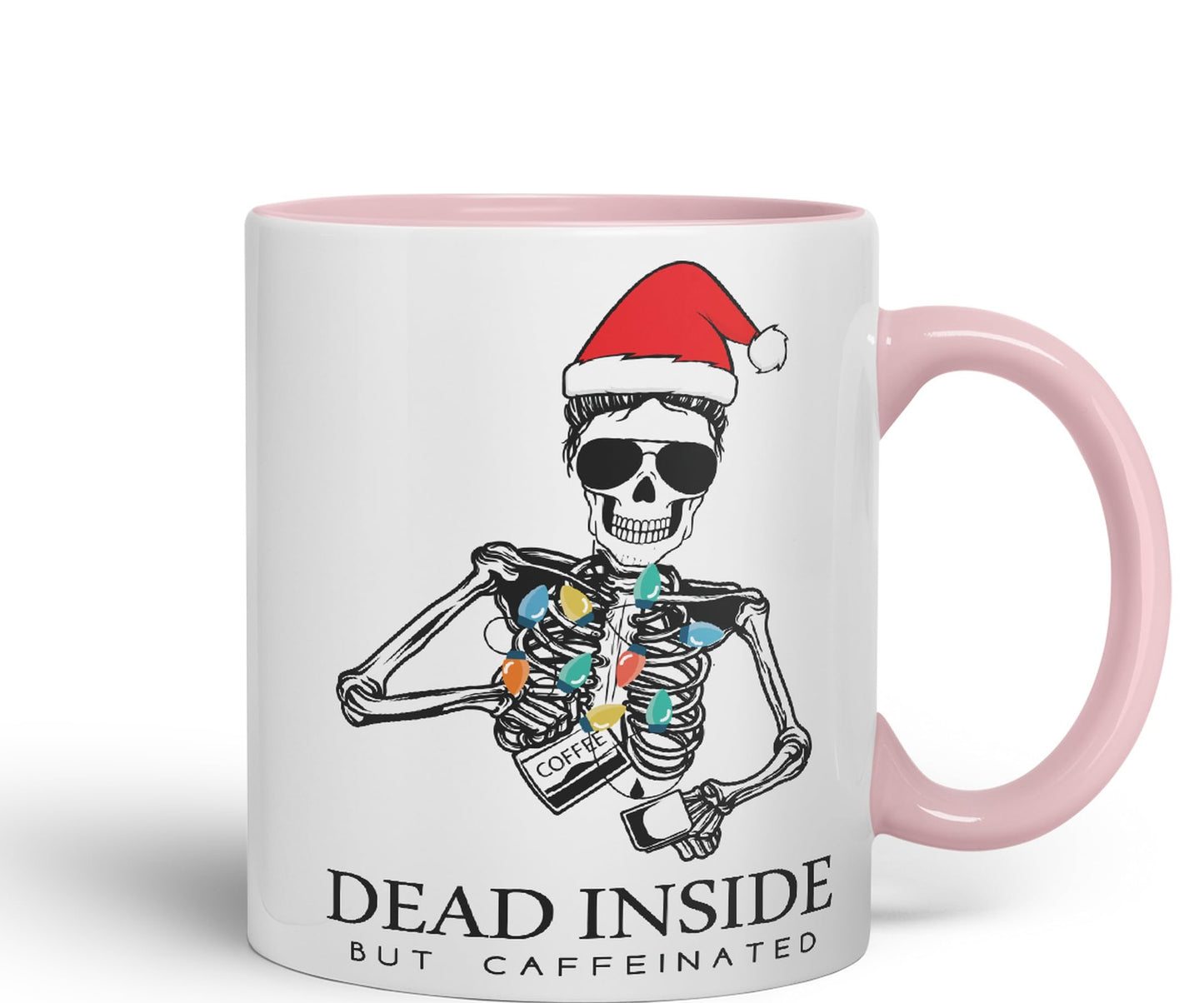 Dead Inside but Coffeinated Christmas Skull Sarcastic Joke Ceramic Coloured Mug Cup for Tea Coffee Hot Brew 330ml 11Oz