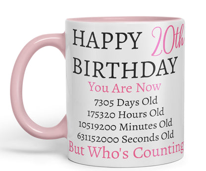 Vixar But Who's Counting Happy 20th Birthday Ceramic Coloured Mug Cup Gift Days Hours Minutes (Pink)