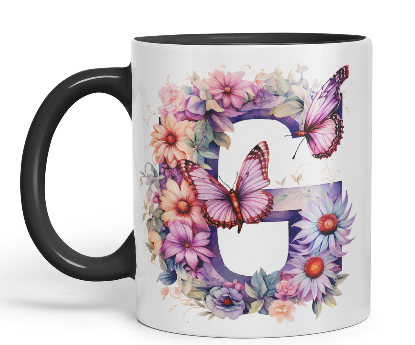 Letter G mug, Floral flowers butterfly Alphabet Letter G Monogram watercolour Ceramic Coloured Mug Cup for Tea Coffee Hot brew 330ml 11Oz Gift
