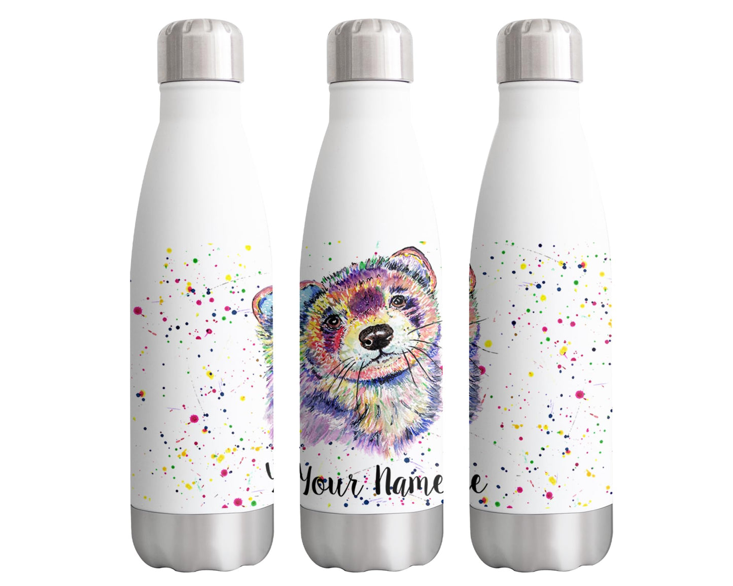 Vixar Ferret Personalised Custom Bottle with your Text/name Watercolourprt animals Bottle double Wall insulated Stainless steel sport Drinks 500ml