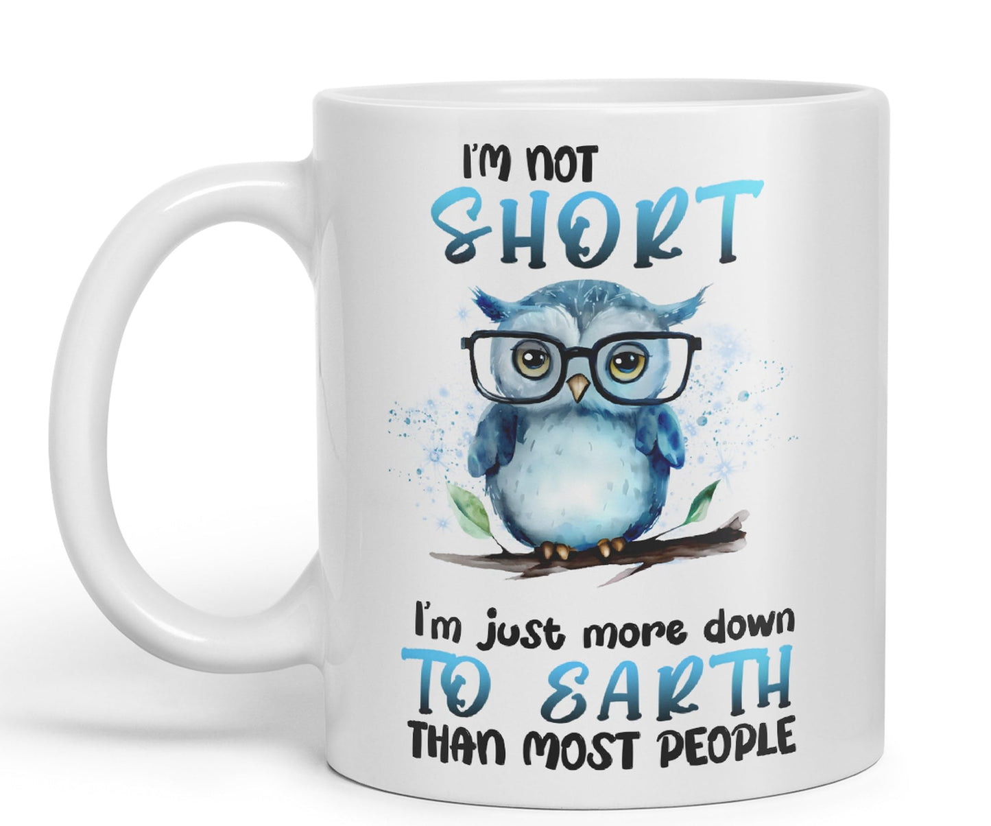 Vixar I'm Not Short, I'm just More Down to Earth Than Most People, owl Sarcastic Joke Ceramic Coloured Mug Cup for Tea Coffee Hot Brew 330ml 11Oz