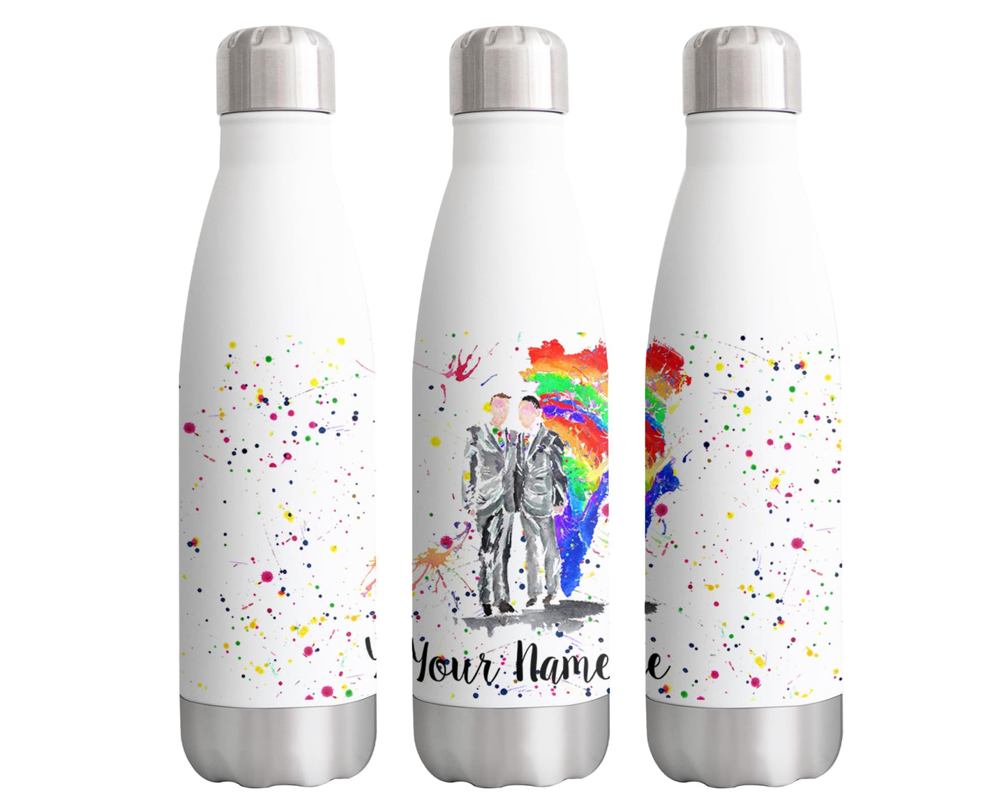 Vixar Wedding Mr and Mr Personalised Custom Bottle with your Text/name Watercolour Art Pride Gay Bottle double Wall insulated Stainless steel sport Drinks 500ml