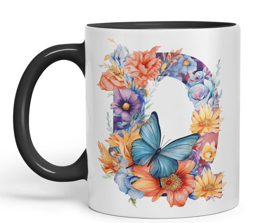 Letter Q mug, Floral flowers butterfly Alphabet Letter Q Monogram watercolour Ceramic Coloured Mug Cup for Tea Coffee Hot brew 330ml 11Oz Gift