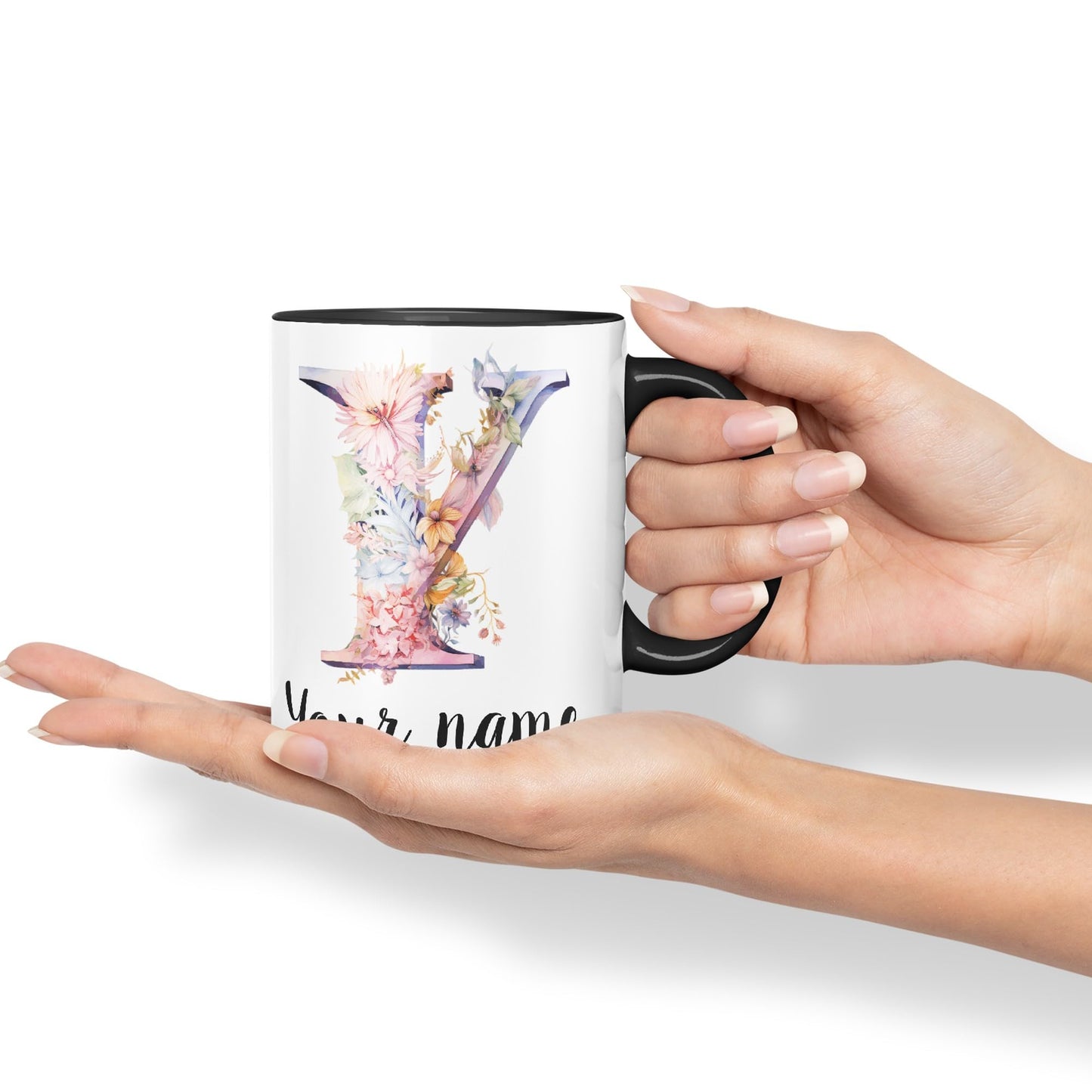 Personalised Letter Y mug, Customized Custom Floral flowers butterfly Alphabet Letter Y Monogram watercolour Ceramic Coloured Mug Cup for Tea Coffee Hot brew 330ml 11Oz Gift