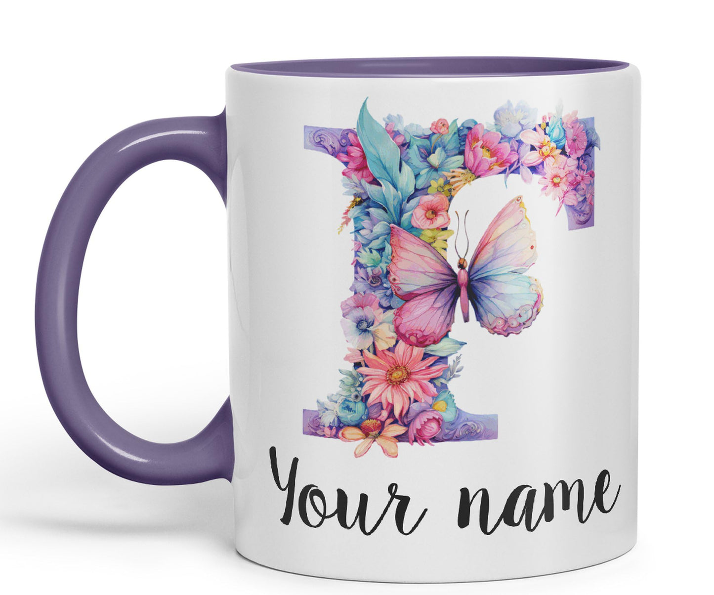 Personalised Letter F mug, Customized Custom Floral flowers butterfly Alphabet Letter F Monogram watercolour Ceramic Coloured Mug Cup for Tea Coffee Hot brew 330ml 11Oz Gift