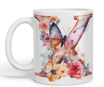 Letter X mug, Floral flowers butterfly Alphabet Letter X Monogram watercolour Ceramic Coloured Mug Cup for Tea Coffee Hot brew 330ml 11Oz Gift