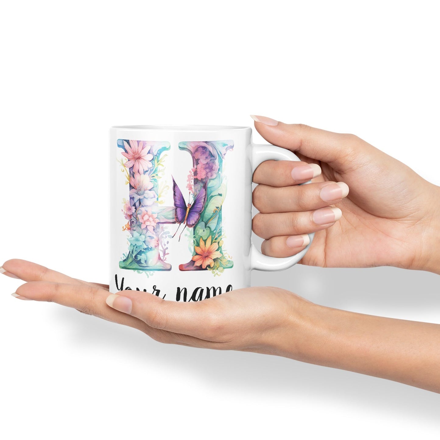 Personalised Letter H mug, Customized Custom Floral flowers butterfly Alphabet Letter H Monogram watercolour Ceramic Coloured Mug Cup for Tea Coffee Hot brew 330ml 11Oz Gift