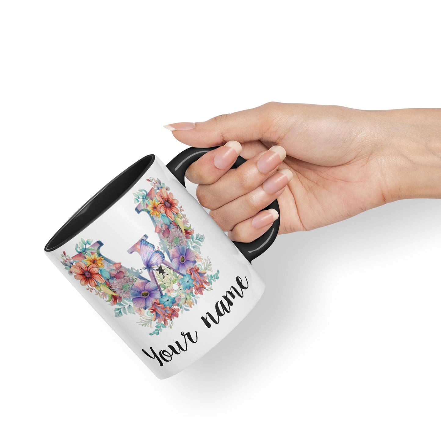 Personalised Letter W mug, Customized Custom Floral flowers butterfly Alphabet Letter W Monogram watercolour Ceramic Coloured Mug Cup for Tea Coffee Hot brew 330ml 11Oz Gift