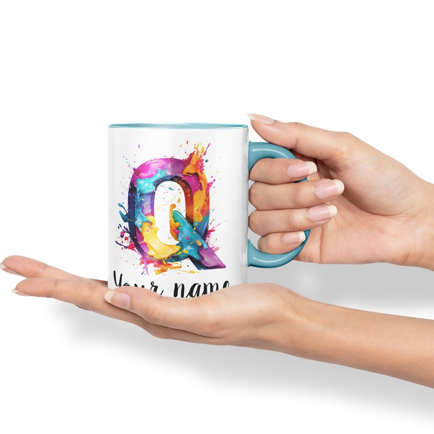 Personalised Letter Q mug, Alphabet cusomized custom Letter Q Monogram watercolour Ceramic Coloured Mug Cup for Tea Coffee Hot brew 330ml 11Oz Gift