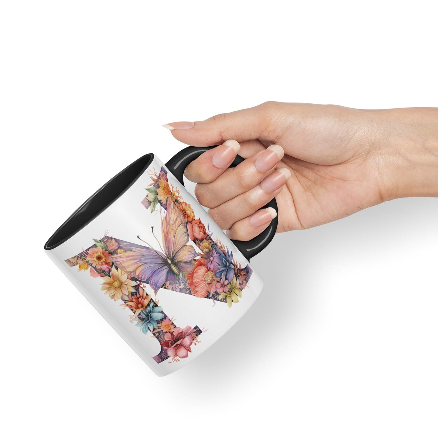 Letter N mug, Floral flowers butterfly Alphabet Letter N Monogram watercolour Ceramic Coloured Mug Cup for Tea Coffee Hot brew 330ml 11Oz Gift