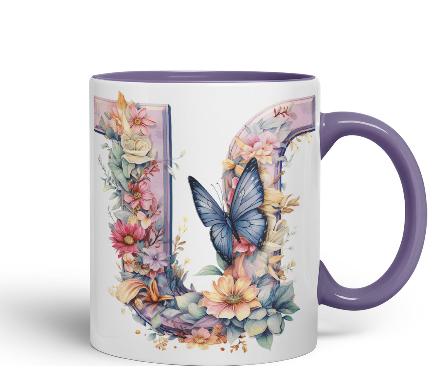 Letter U mug, Floral flowers butterfly Alphabet Letter U Monogram watercolour Ceramic Coloured Mug Cup for Tea Coffee Hot brew 330ml 11Oz Gift