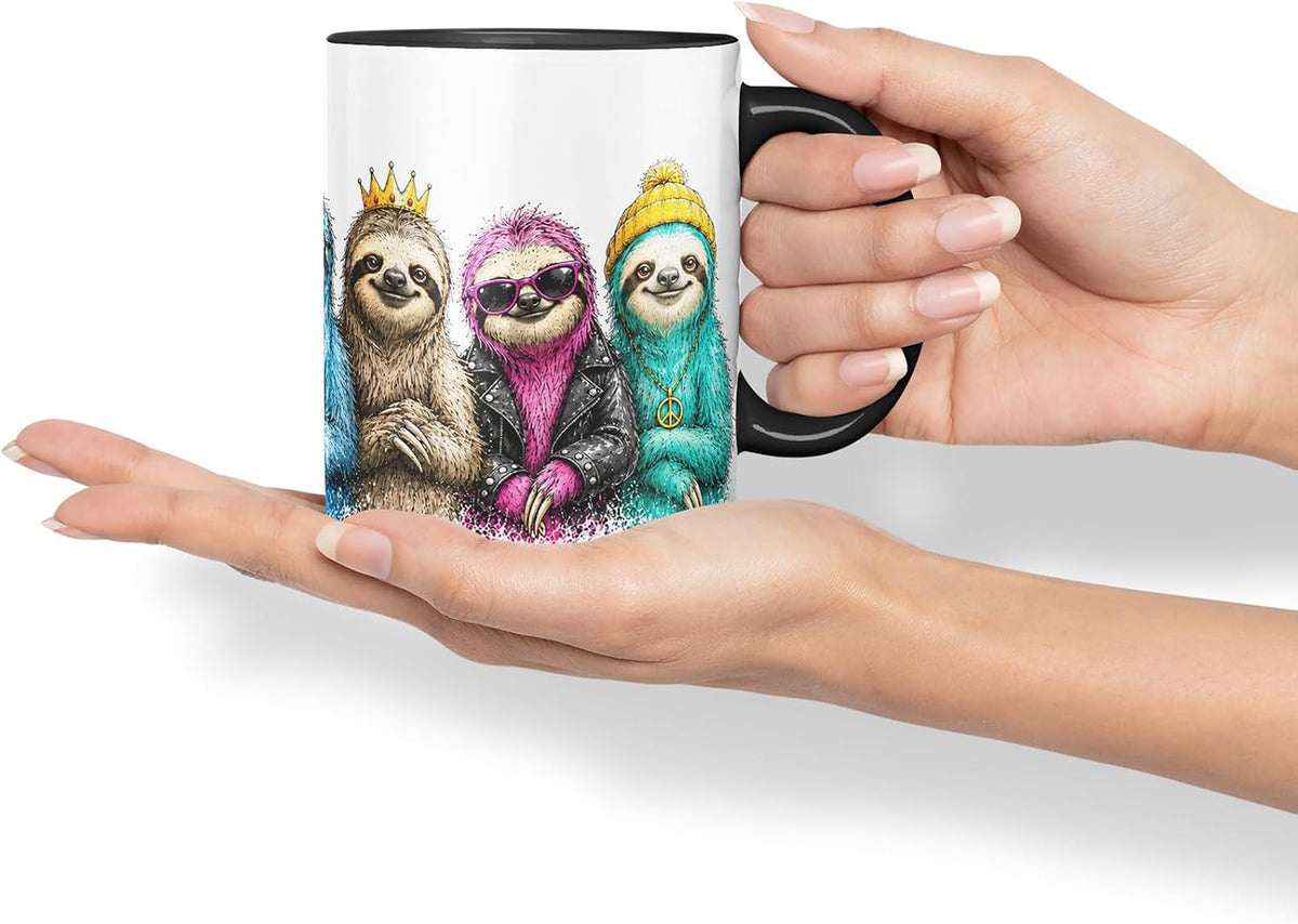 Vixar Sloths Mug – Cute Sloths Coloured Ceramic Mug Cup Gift, 11oz (Black)