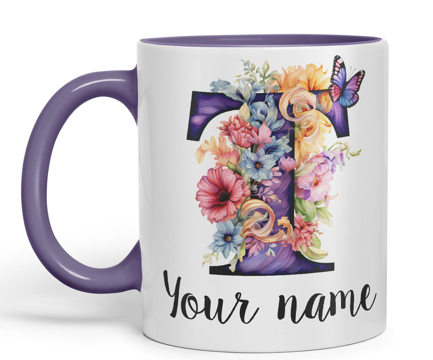 Personalised Letter T mug, Customized Custom Floral flowers butterfly Alphabet Letter T Monogram watercolour Ceramic Coloured Mug Cup for Tea Coffee Hot brew 330ml 11Oz Gift