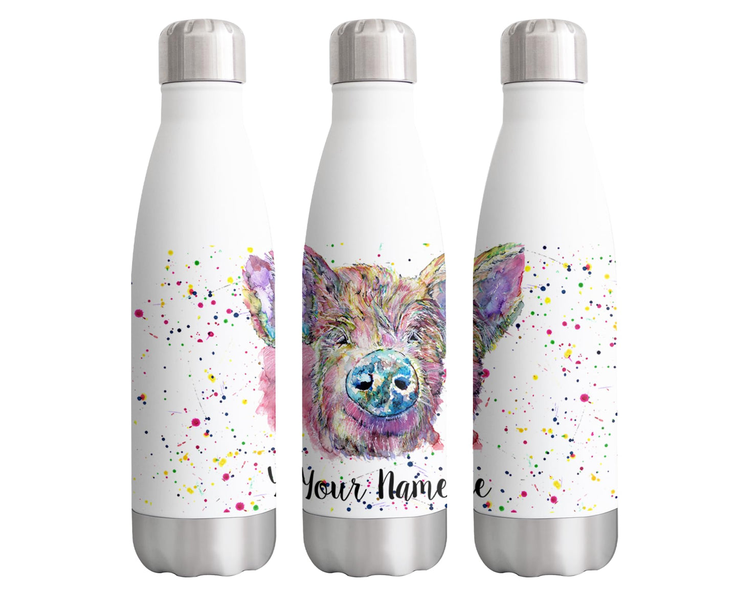 Vixar Pig Personalised Custom Bottle with your Text/name Watercolour Hog Pork Farm animal Bottle double Wall insulated Stainless steel sport Drinks 500ml