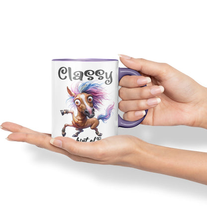 Classy with a hint of Sassy! Horse cat Joke sarkasm Sarcastic Ceramic Coloured Mug Cup for Tea Coffee Hot Brew 330ml 11Oz Gift