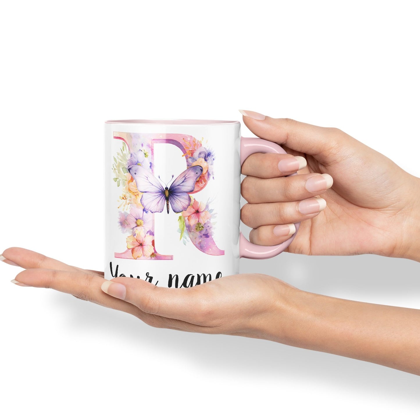 Personalised Letter R mug, Customized Custom Floral flowers butterfly Alphabet Letter R Monogram watercolour Ceramic Coloured Mug Cup for Tea Coffee Hot brew 330ml 11Oz Gift