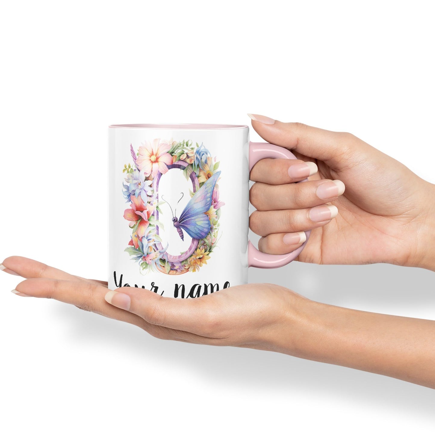 Personalised Letter O mug, Customized Custom Floral flowers butterfly Alphabet Letter O Monogram watercolour Ceramic Coloured Mug Cup for Tea Coffee Hot brew 330ml 11Oz Gift