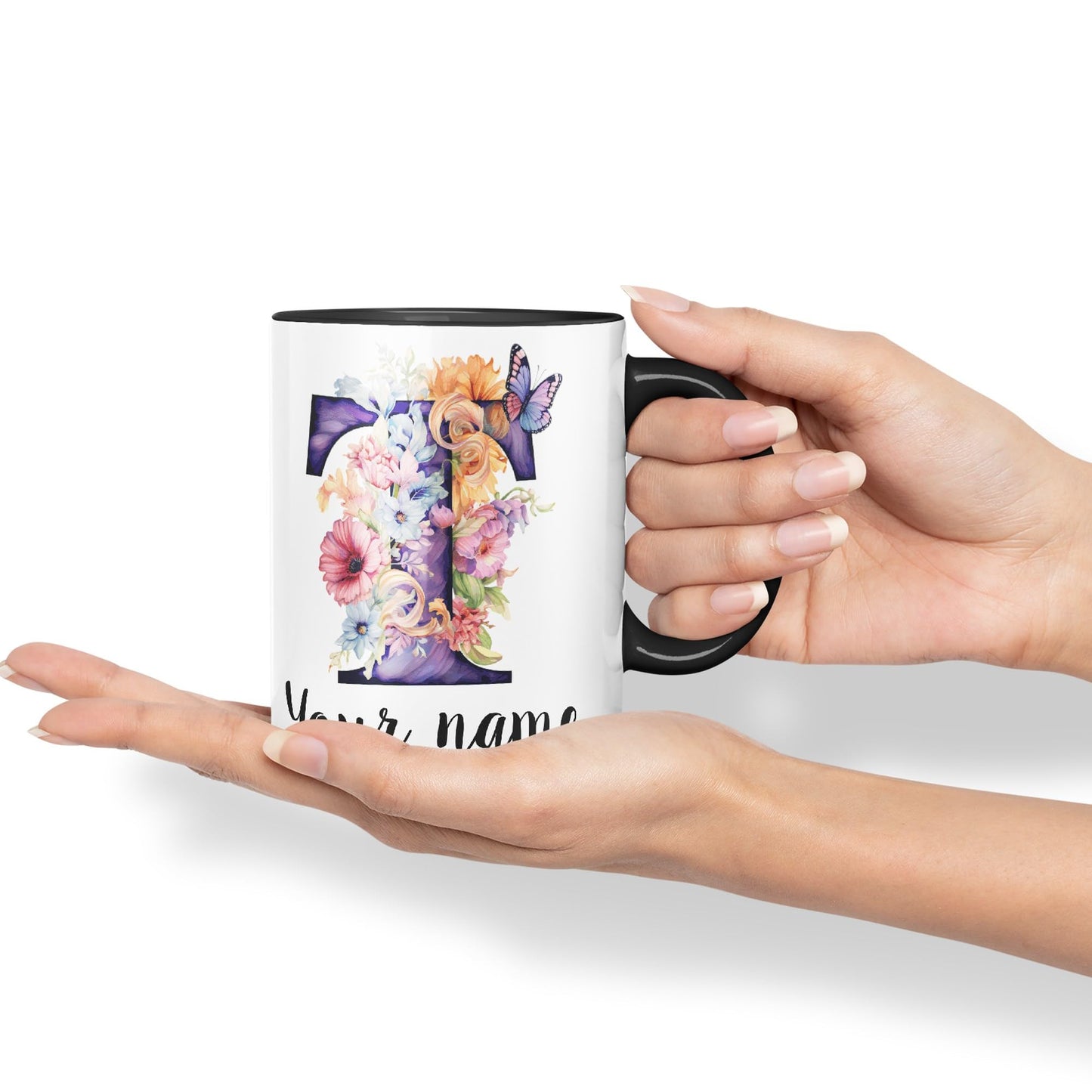 Personalised Letter T mug, Customized Custom Floral flowers butterfly Alphabet Letter T Monogram watercolour Ceramic Coloured Mug Cup for Tea Coffee Hot brew 330ml 11Oz Gift