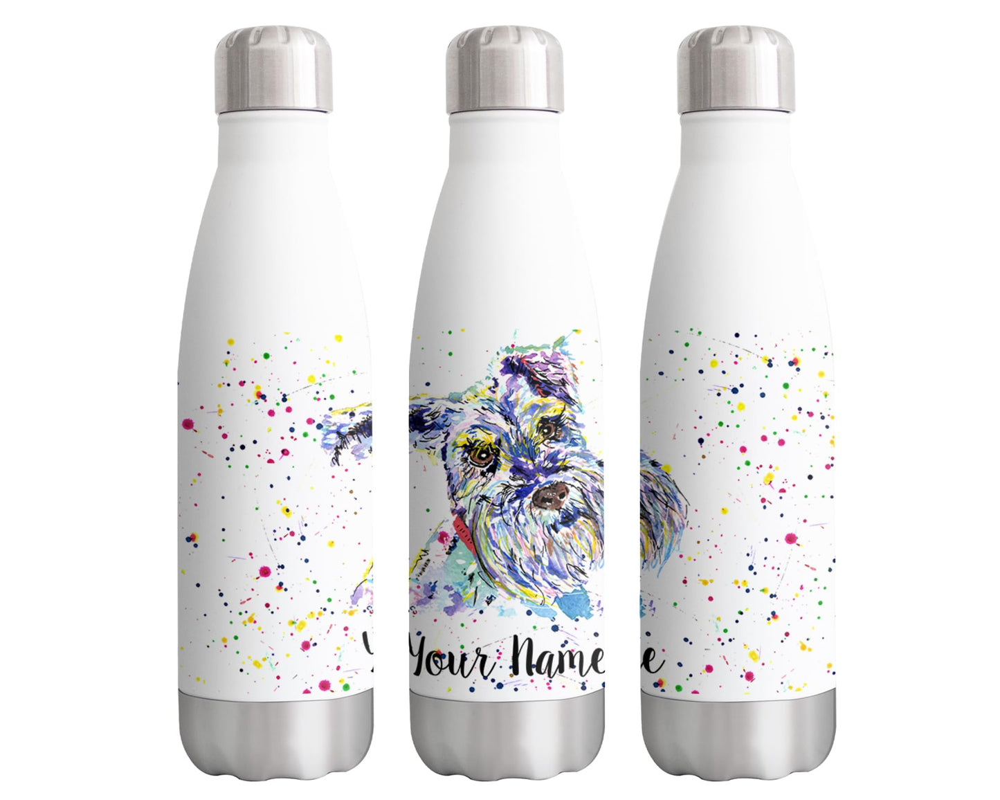 Vixar Schnauzer Terrier Personalised Custom Bottle with your Text/name Watercolour Dog pet Animals Bottle Double Wall Insulated Stainless Steel Sport Drinks 500ml