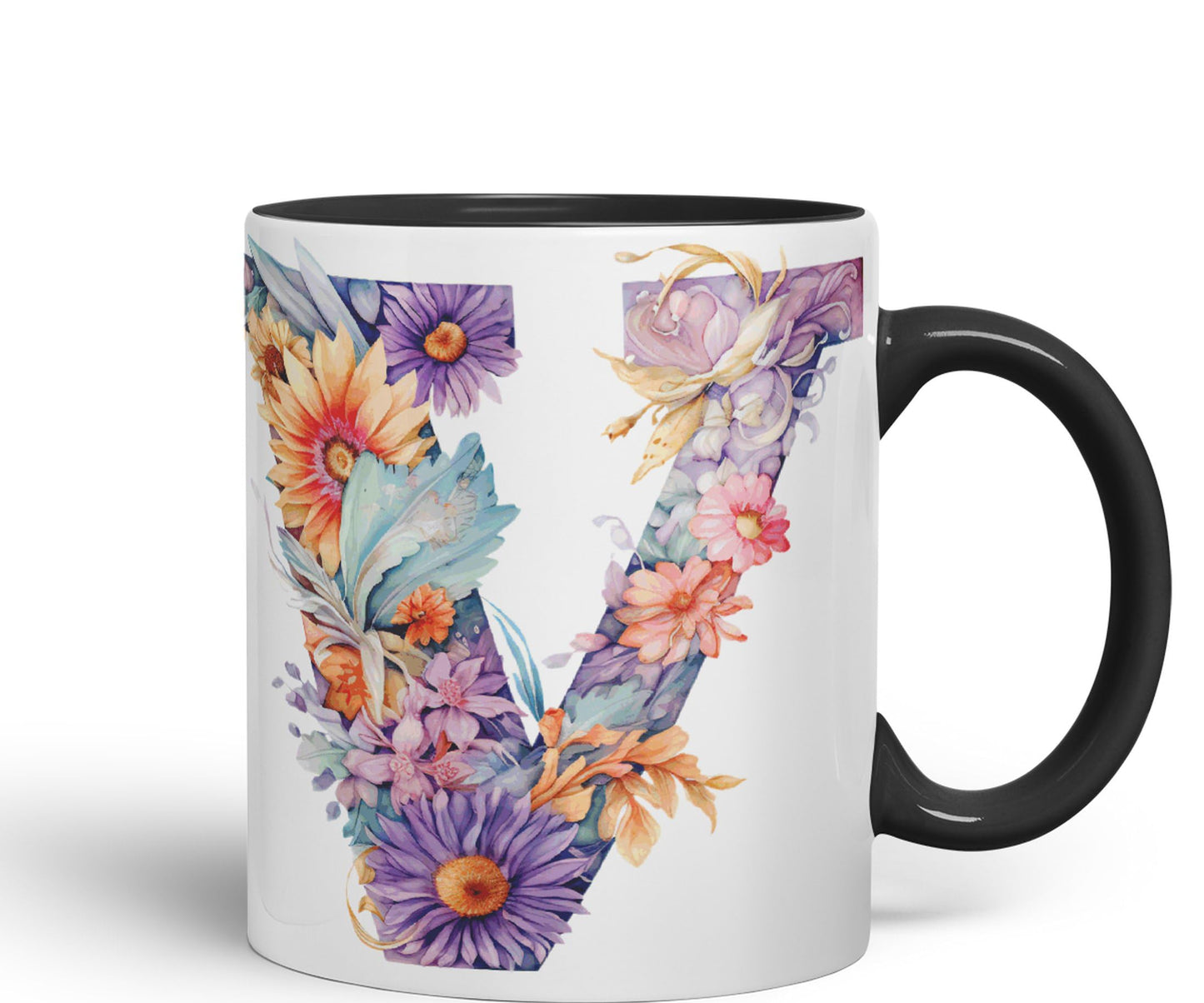Letter V mug, Floral flowers butterfly Alphabet Letter V Monogram watercolour Ceramic Coloured Mug Cup for Tea Coffee Hot brew 330ml 11Oz Gift