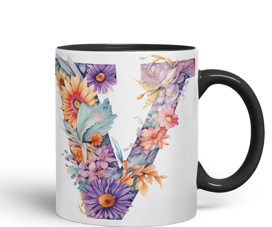 Letter V mug, Floral flowers butterfly Alphabet Letter V Monogram watercolour Ceramic Coloured Mug Cup for Tea Coffee Hot brew 330ml 11Oz Gift