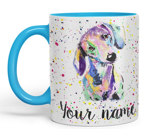 Vixar Personalised with Your Text Dachshund Sausage Dog Wiener Badger Pet Watercolour Art Coloured Ceramic Mug Cup Gift 330ml 11oz Custom Work Office Tea Coffee