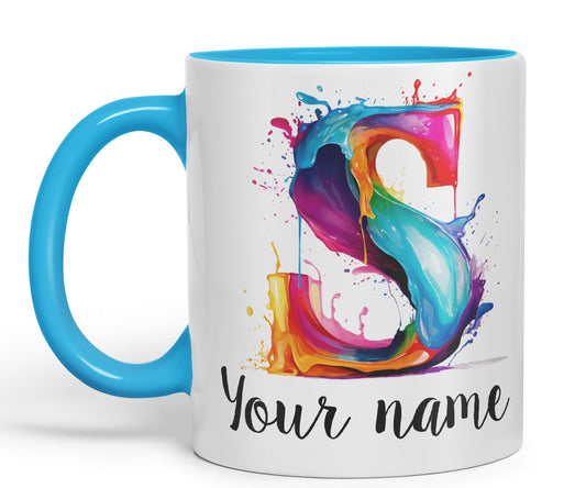 Personalised Letter S mug, Alphabet cusomized custom Letter S Monogram watercolour Ceramic Coloured Mug Cup for Tea Coffee Hot brew 330ml 11Oz Gift