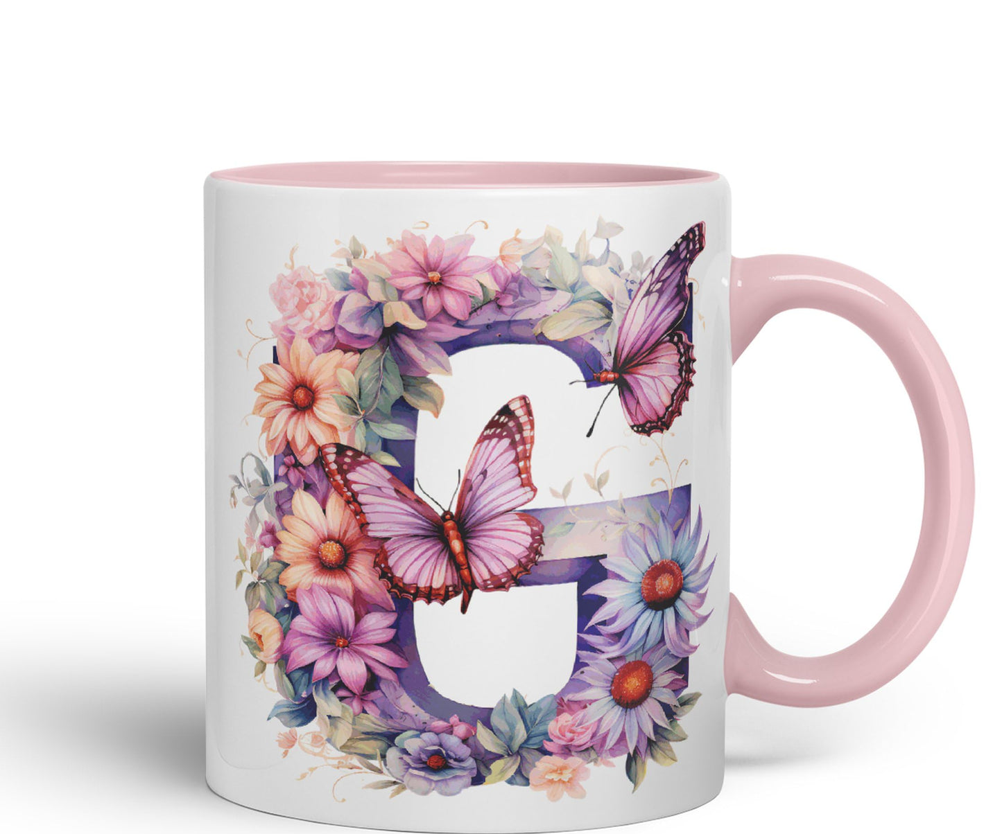 Letter G mug, Floral flowers butterfly Alphabet Letter G Monogram watercolour Ceramic Coloured Mug Cup for Tea Coffee Hot brew 330ml 11Oz Gift
