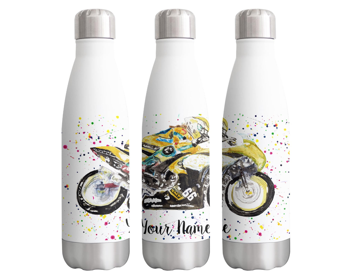 Vixar Motorbike Personalised Custom Bottle with your Text/name Watercolour Motocycle Bottle Double Wall Insulated Stainless Steel Sport Drinks 500ml