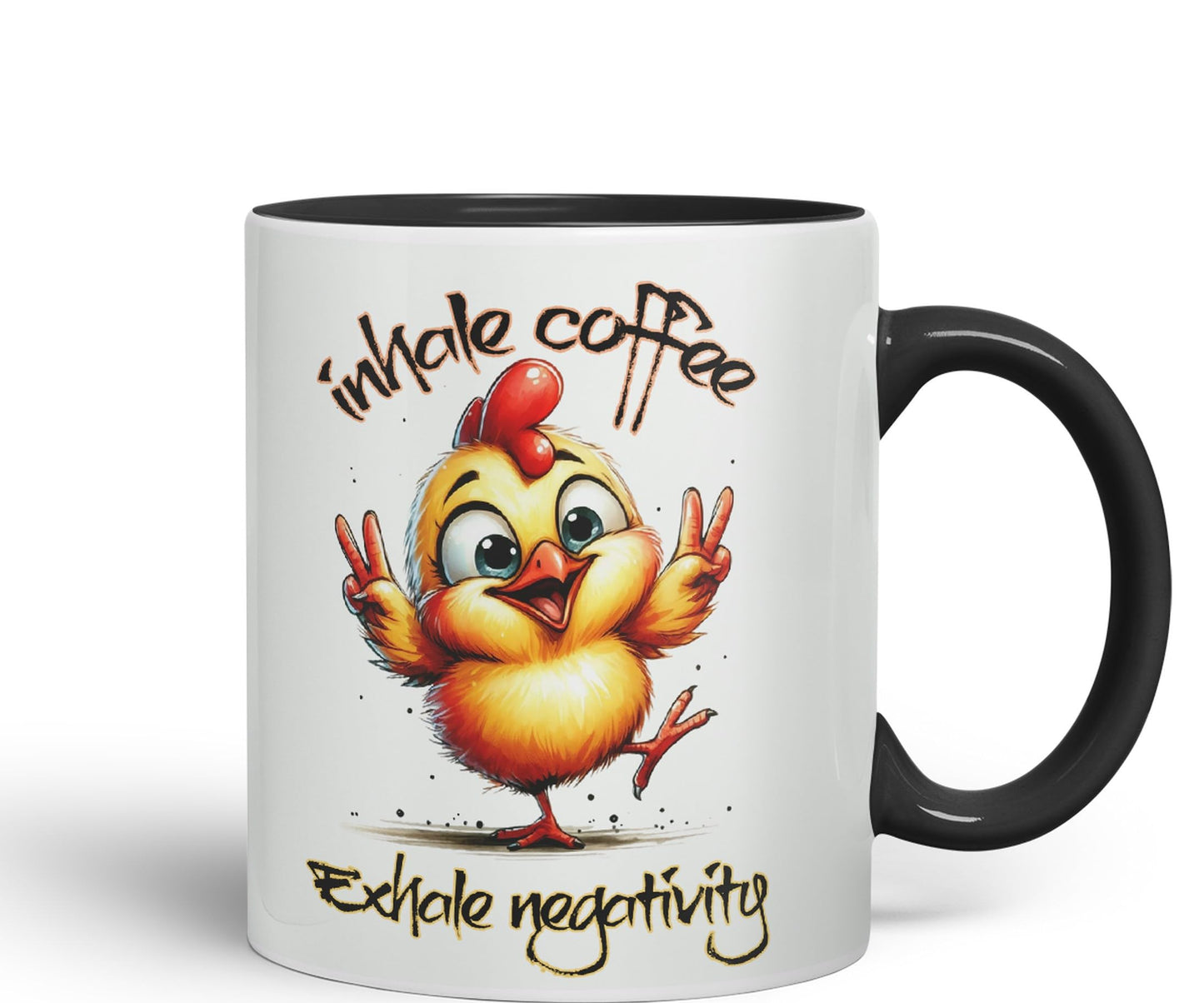 Inhale Coffee Exhale Negativity Chicken Joke sarkasm Sarcastic Ceramic Coloured Mug Cup for Tea Coffee Hot Brew 330ml 11Oz Gift