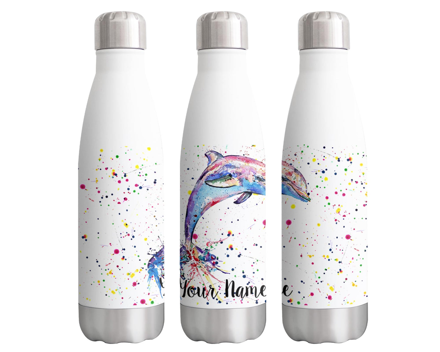 Vixar Dolphin Personalised Custom Bottle with your Text/name SeaAnimals Watercolour Art animals Bottle double Wall insulated Stainless steel sport Drinks 500ml