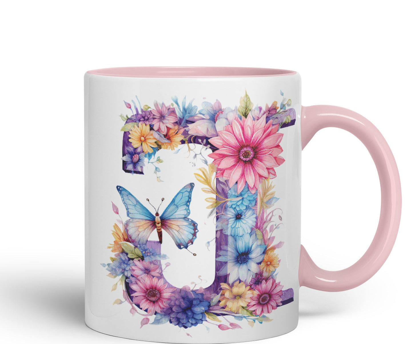 Letter J mug, Floral flowers butterfly Alphabet Letter J Monogram watercolour Ceramic Coloured Mug Cup for Tea Coffee Hot brew 330ml 11Oz Gift