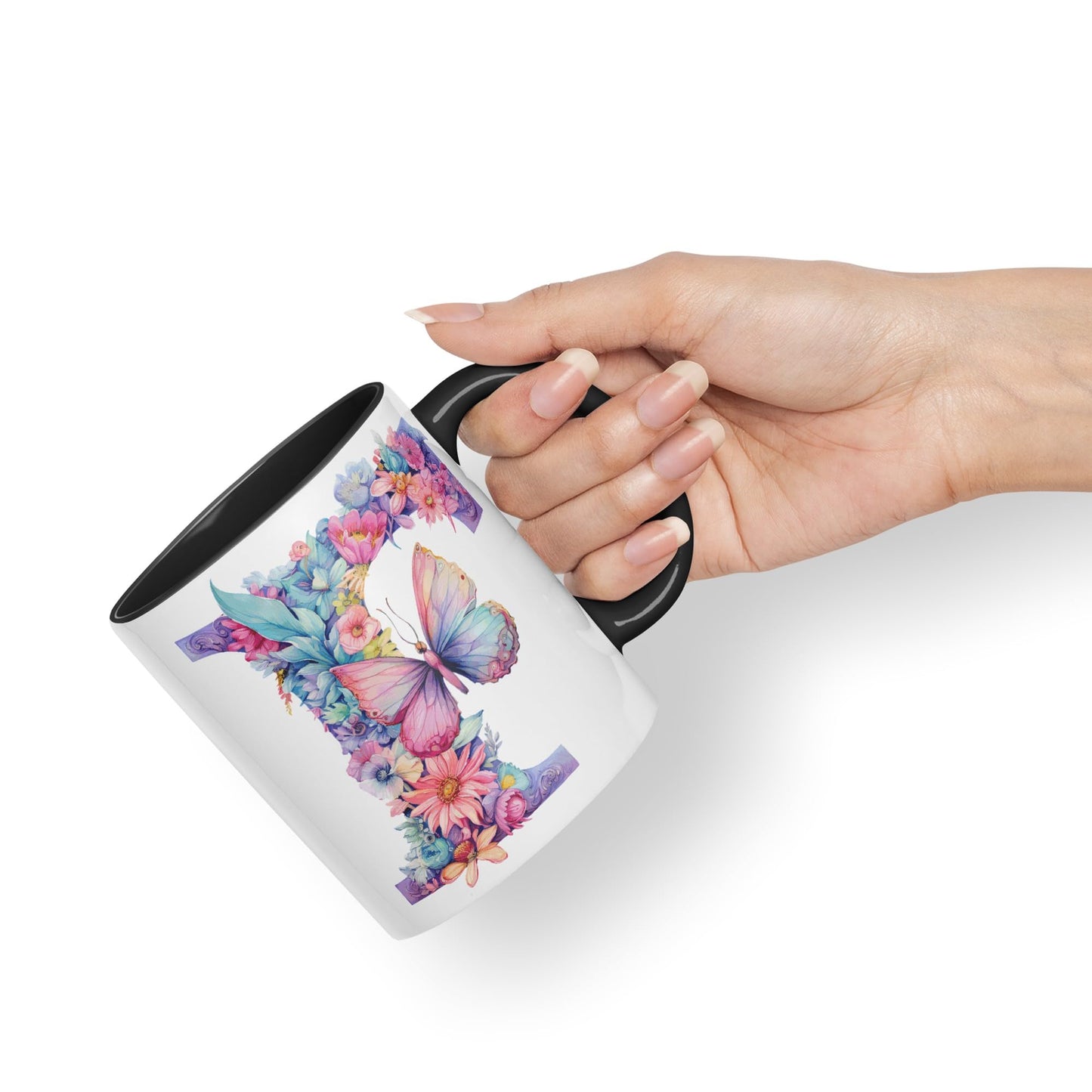 Letter F mug, Floral flowers butterfly Alphabet Letter F Monogram watercolour Ceramic Coloured Mug Cup for Tea Coffee Hot brew 330ml 11Oz Gift